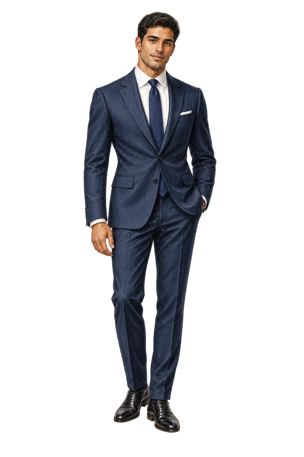 Ilustración de un hombre con traje azul oscuro, camisa blanca y corbata larga