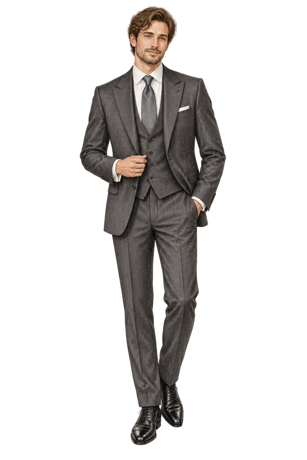 Ilustración de un hombre con traje gris oscuro, chaleco y corbata larga