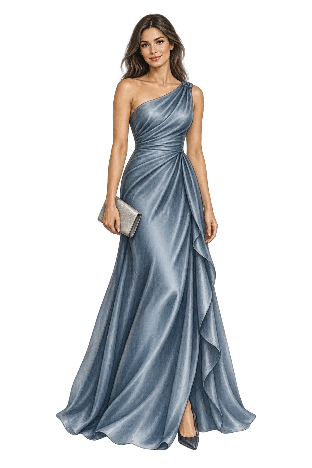 Ilustración de una mujer con vestido formal largo azul y bolso de mano