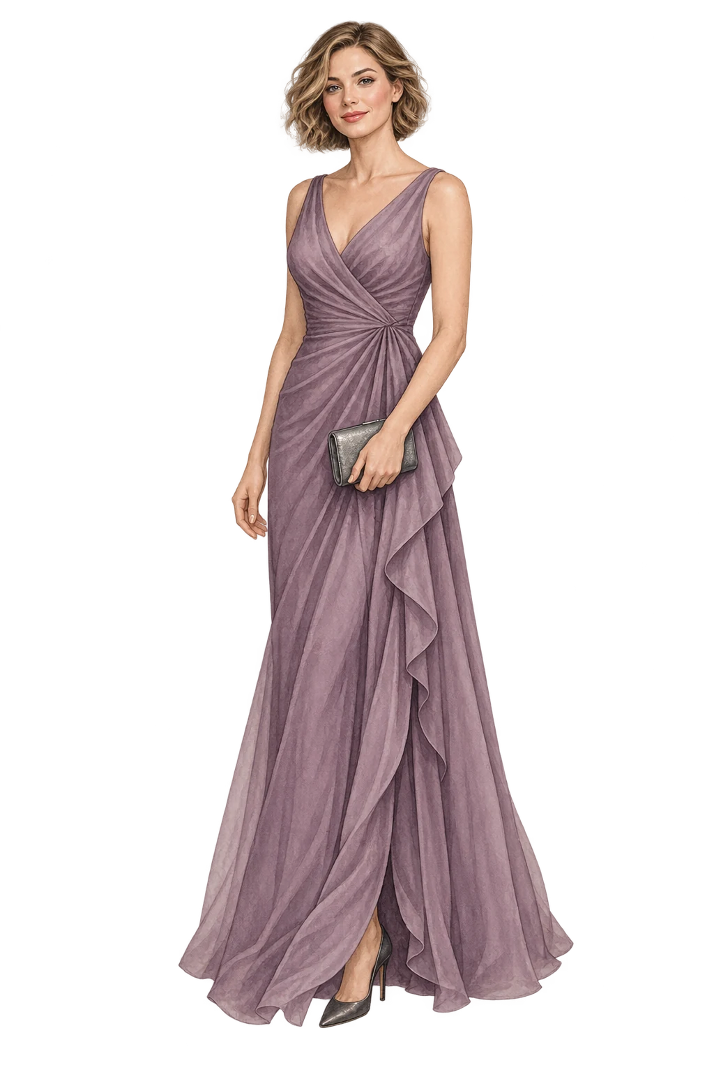 Ilustración de una mujer con vestido formal largo malva y bolso de mano